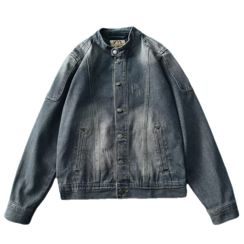 Men’s Retro Cowboy Stitching Jacket – Stand Collar Overall-Inspired Coat