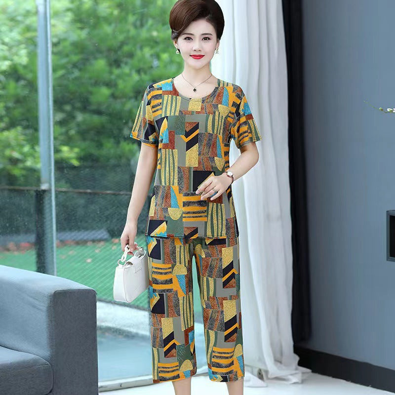 New Plus Size Loose Elastic Short Sleeve Two-piece Suit Middle-aged And Elderly Casual Homewear