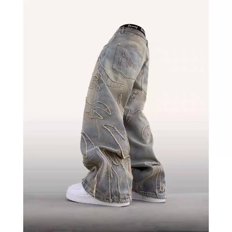 Men’s Embroidered Jeans – Retro Bat Pattern Lazy Loose Denim Pants