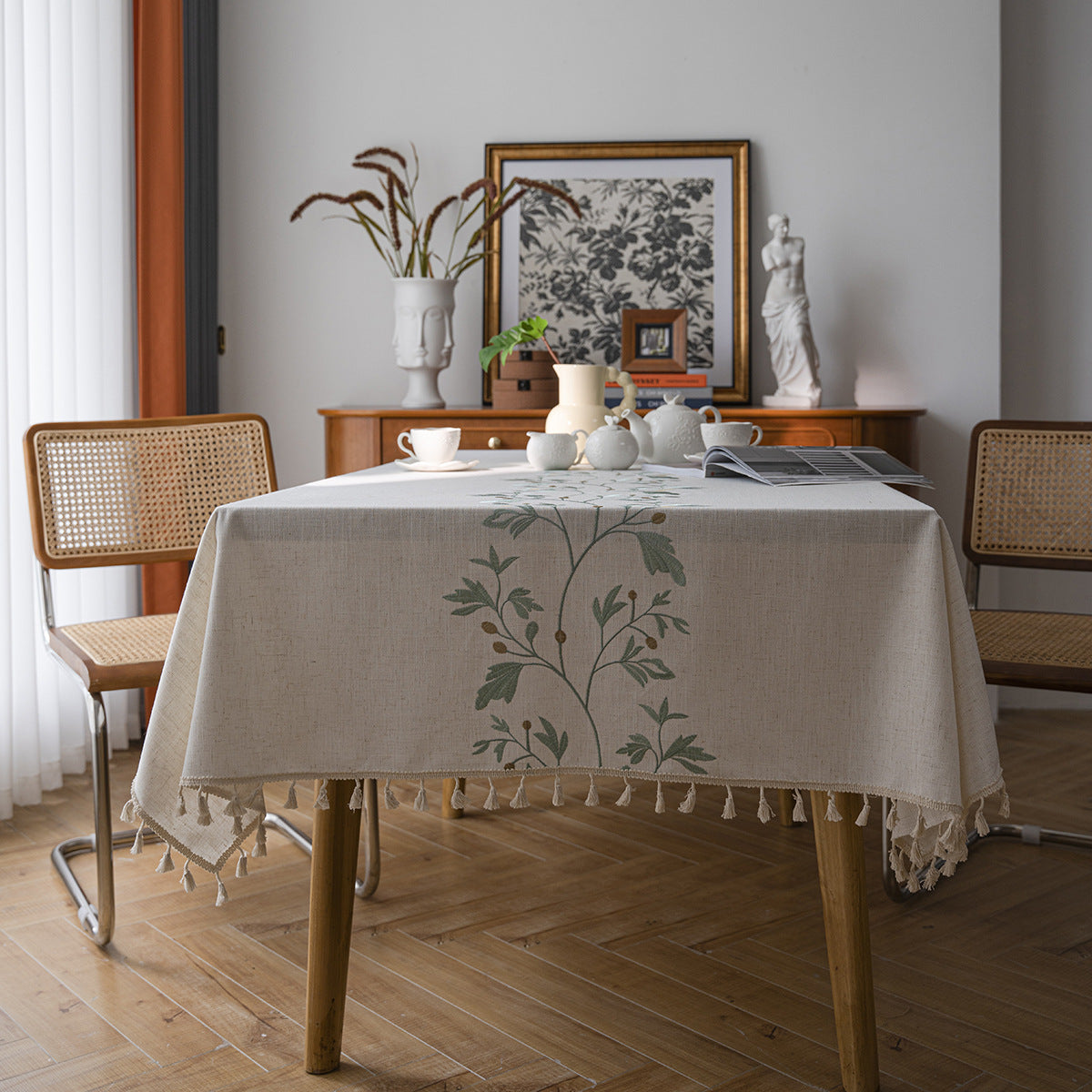 Flower Embroidered Tablecloth Knitted Fabric Rectangular