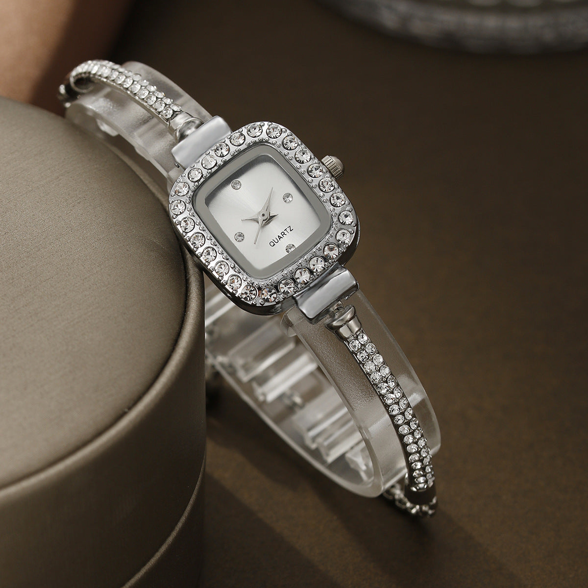 Decorative Alloy All-match Square Rhinestone-encrusted Chain Women's Quartz Bracelet Watch Small Beads Jewelry Suit