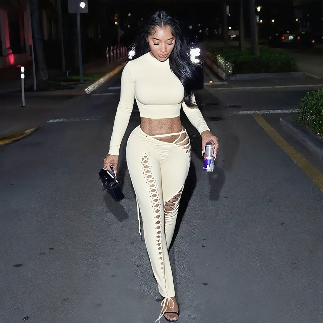 Women's Long-sleeved Top Sexy Cutout Lace-up Tight Trousers Two-piece Set