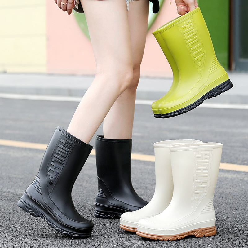 Women's Mid Calf PVC Non Slip Rain Boots Letter Pattern