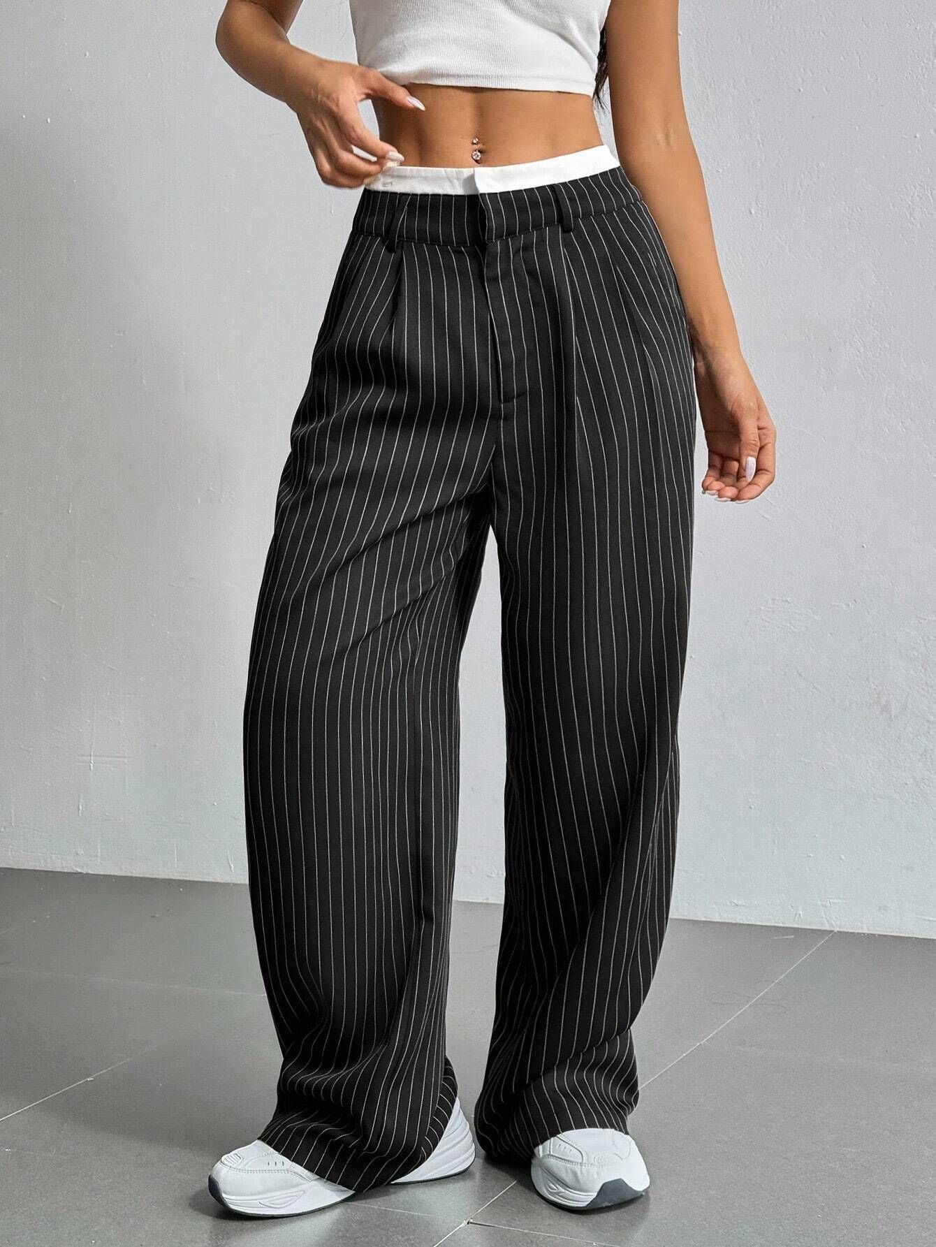 Women’s Striped Suit Pants – High-Waist Straight-Leg Trousers with Pockets & Zipper