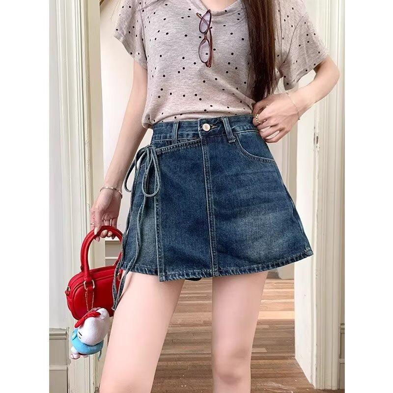 Fake Two-Piece Denim Shorts – Summer A-Line High Waist Irregular Style