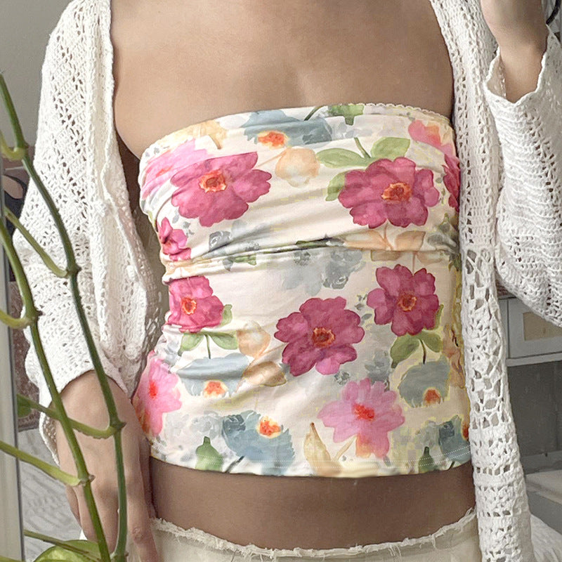 Gentle And Romantic Vacation Style Floral Off-the-neck Tube Top For Women