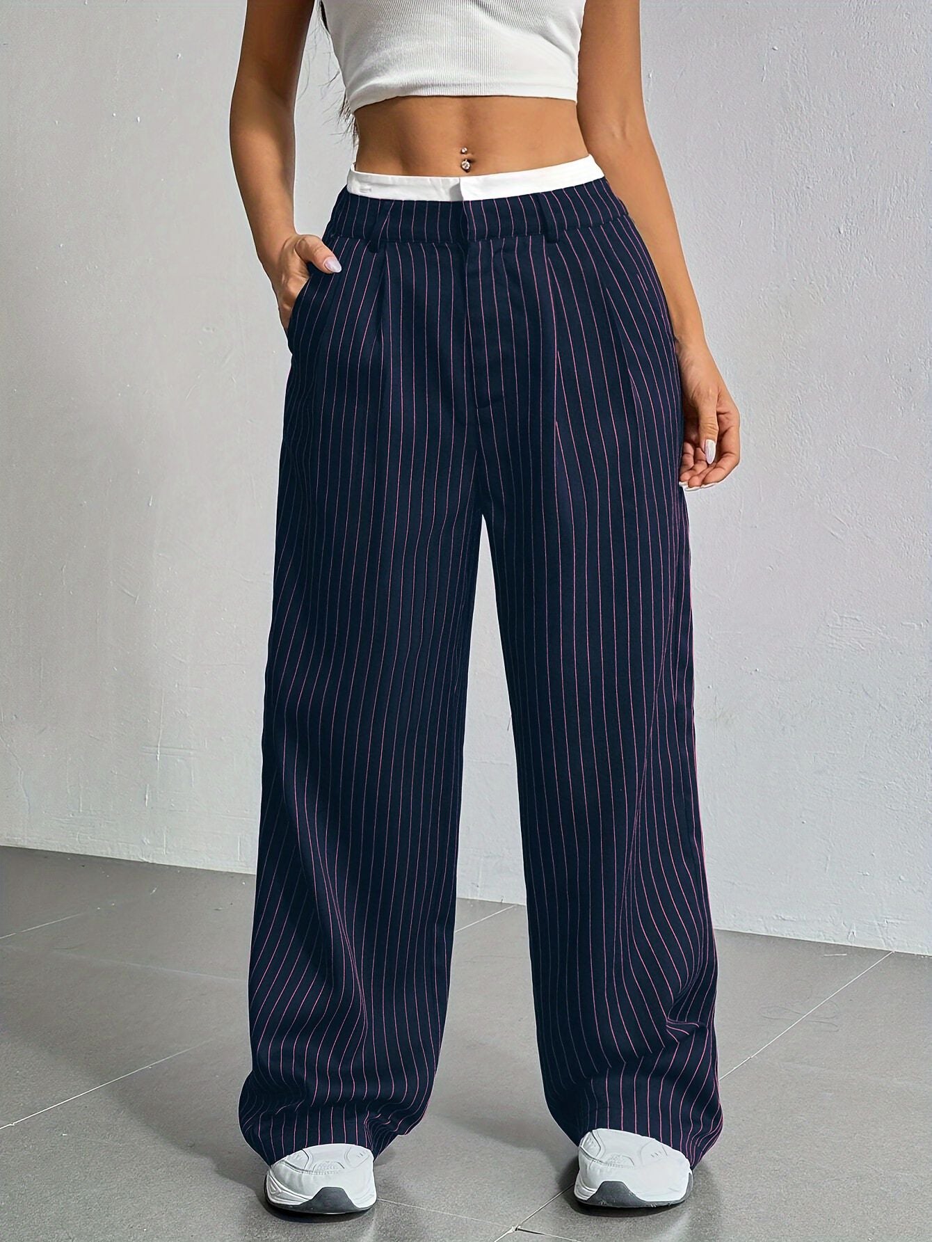 Women’s Striped Suit Pants – High-Waist Straight-Leg Trousers with Pockets & Zipper