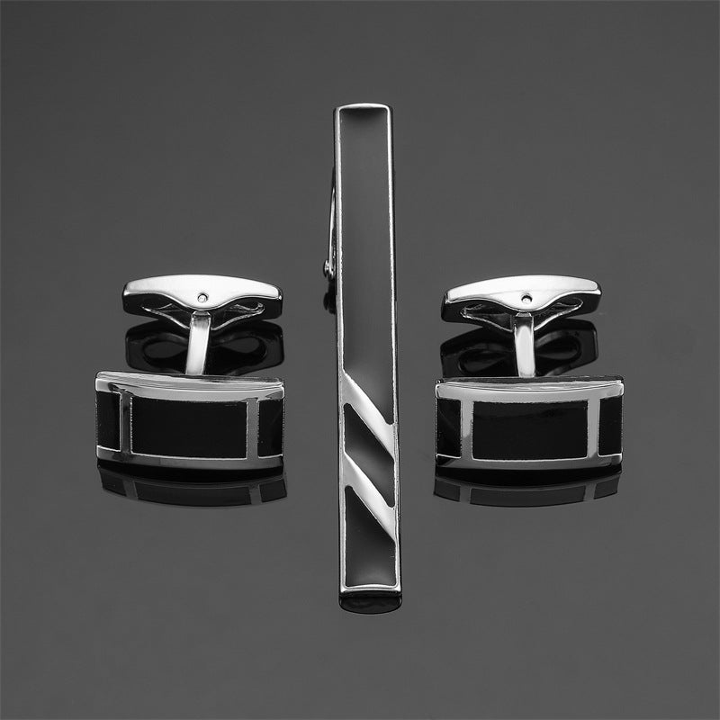 Black Enamel Silver Diagonal Stripes Tie Clip and Cufflink Set