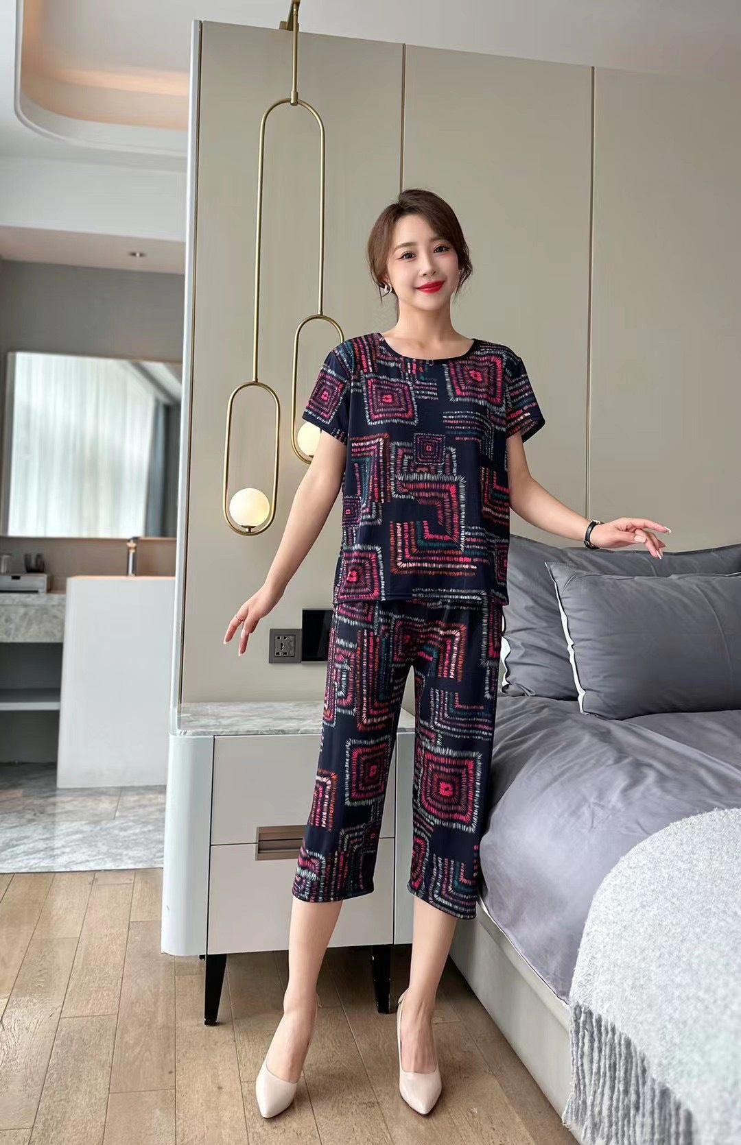 New Plus Size Loose Elastic Short Sleeve Two-piece Suit Middle-aged And Elderly Casual Homewear