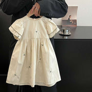 Girls Cotton Short Sleeve Floral Embroidered Princess Dress