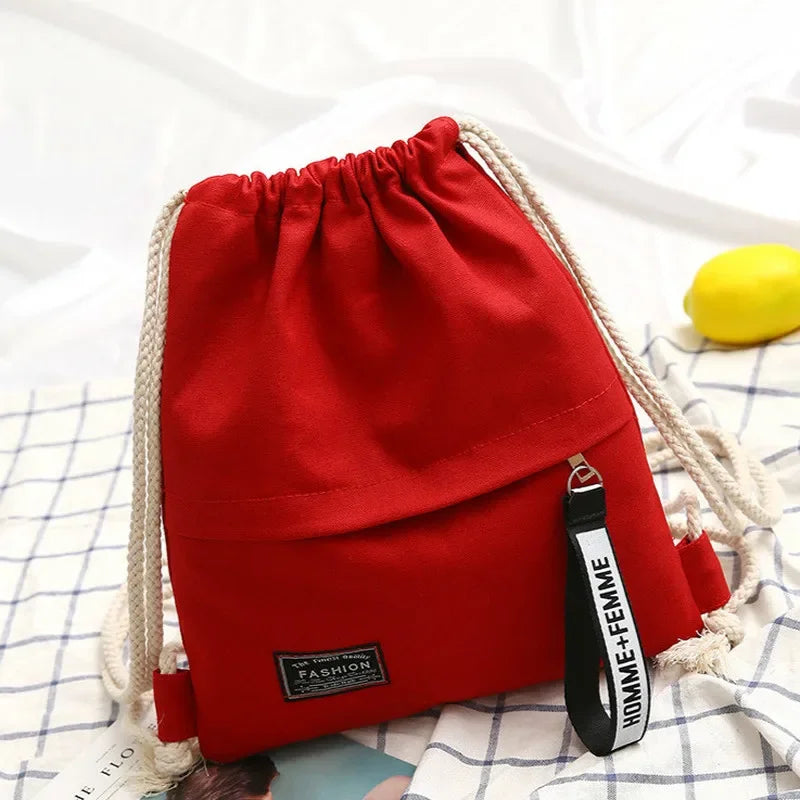 1 Pc Canvas School Bag Double Shoulder Drawstring Backpack Drawstring