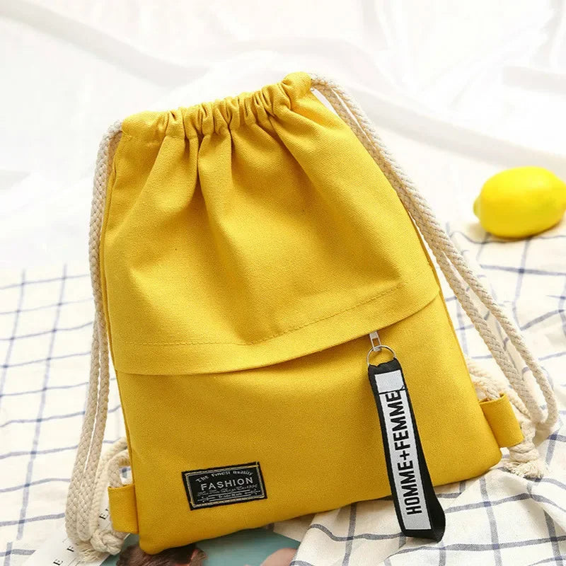 1 Pc Canvas School Bag Double Shoulder Drawstring Backpack Drawstring