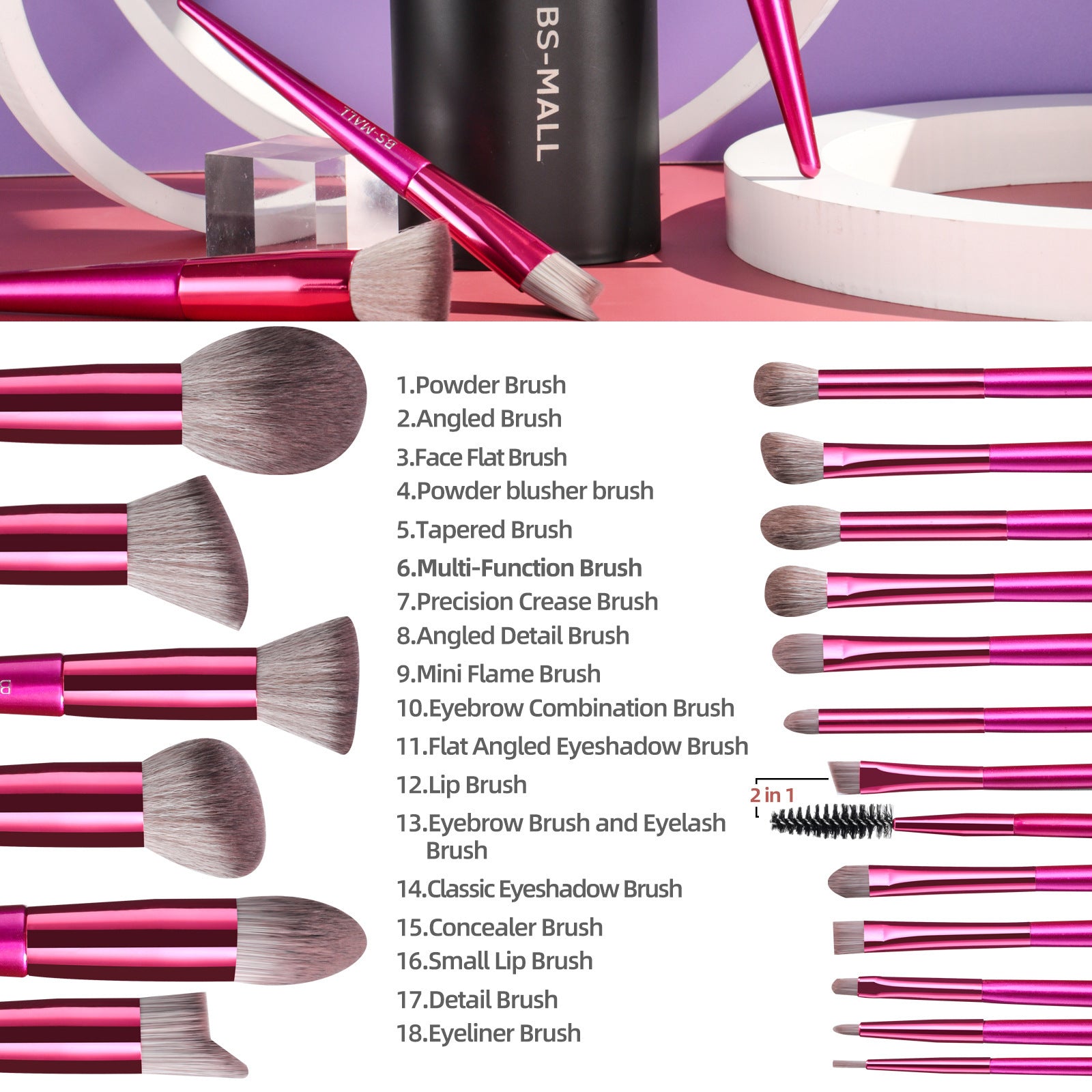 18-Piece Red Makeup Brush Set – Long Handle Professional Beauty Tools