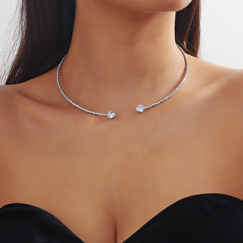 Silver Rhinestone Heart Choker Necklace for Women