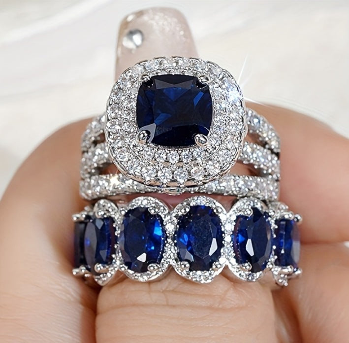 Women’s Egg-Shaped Zircon Ring Set – Platinum Plated Full Circle Design