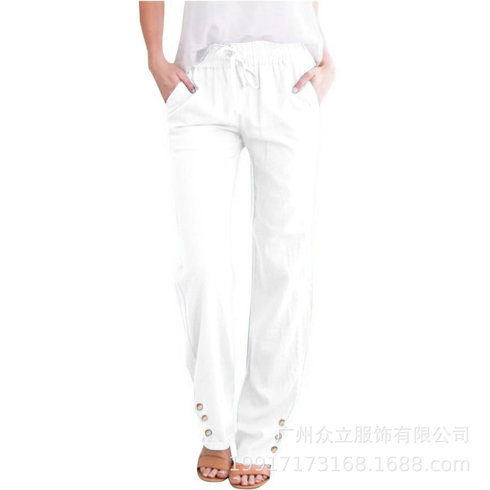 Women’s Cotton-Linen Casual Straight-Leg Pants with Straps