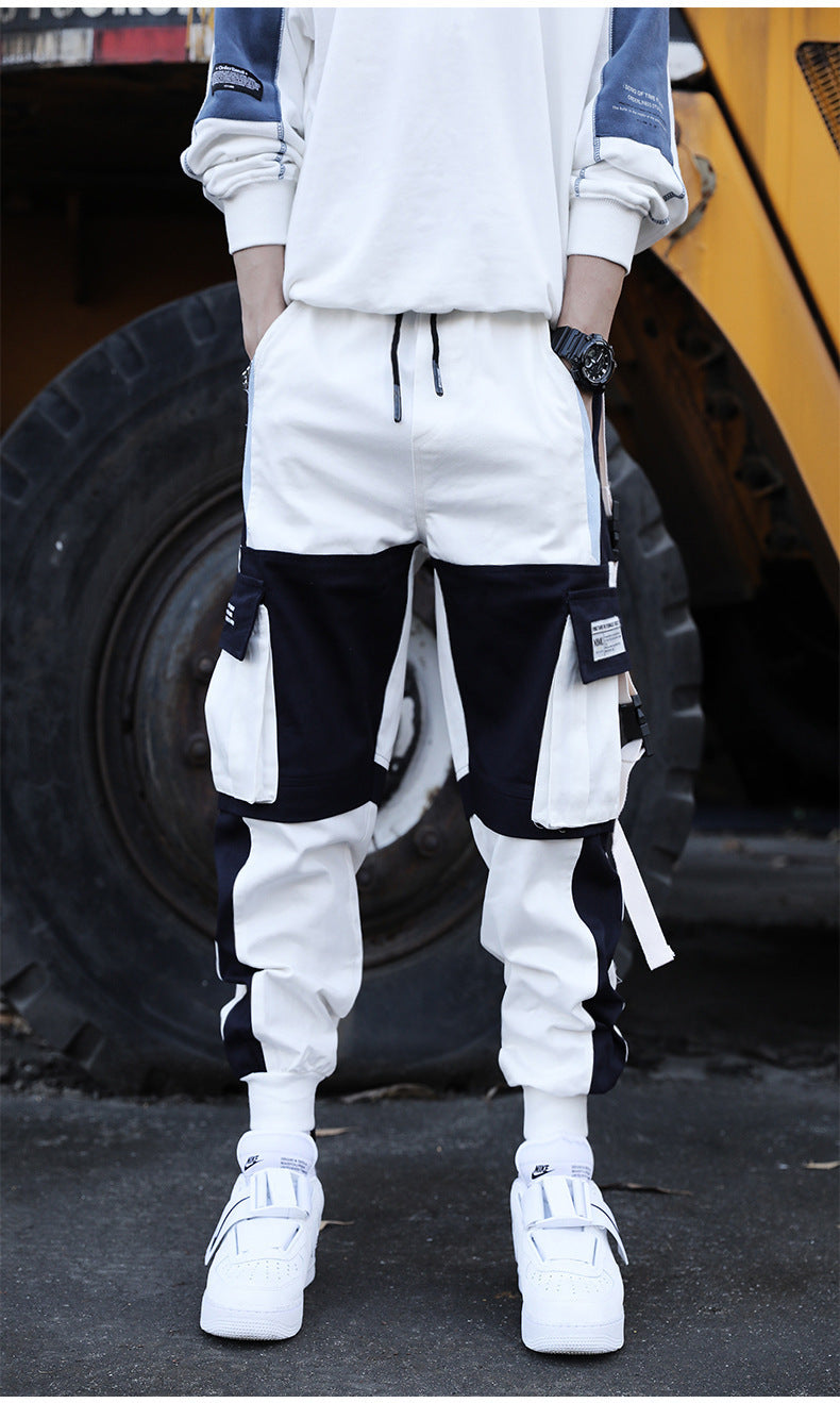 Men’s Hip-Hop Contrast Stitch Drawstring Cargo Pants – Streetwear Style