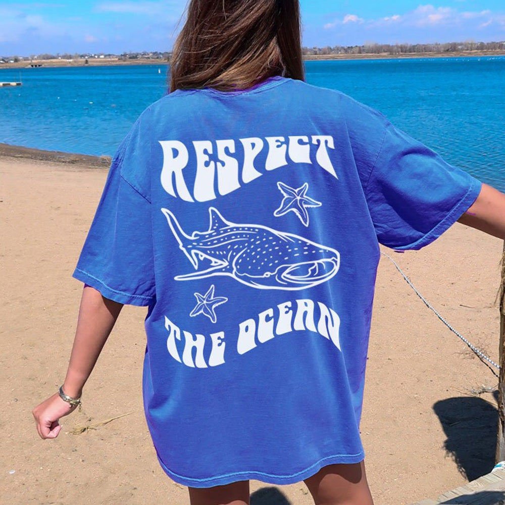 Women's Loose Cotton Starfish Dolphin Print Tee