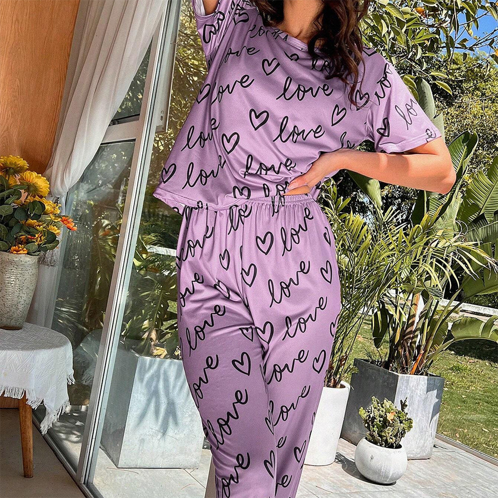 Women's Printed Round Neck Short-Sleeved Top and Trousers Two-Piece Loungewear Set
