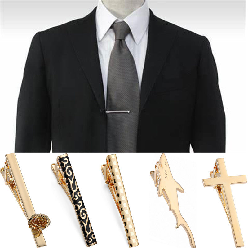 Black Enamel Silver Diagonal Stripes Tie Clip and Cufflink Set