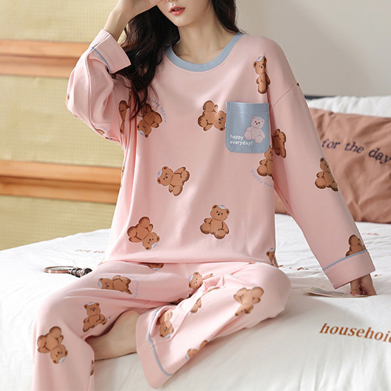 Relaxed Print Pajama Set Women Long Sleeve Cotton Polyester