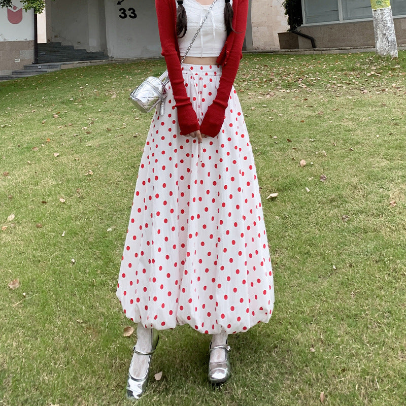 Red Polka Dot Retro Skirt – Women’s High Waist Polyester Vintage Style Skirt