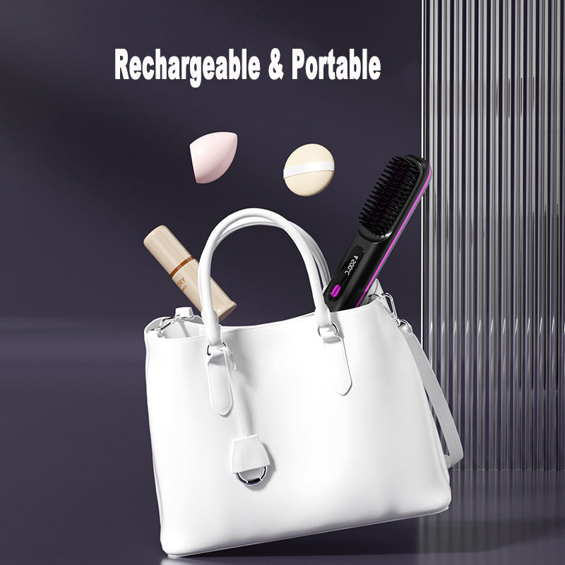 2-in-1 Wireless Hair Straightener Brush and Curler USB Rechargeable Fast Heating Comb