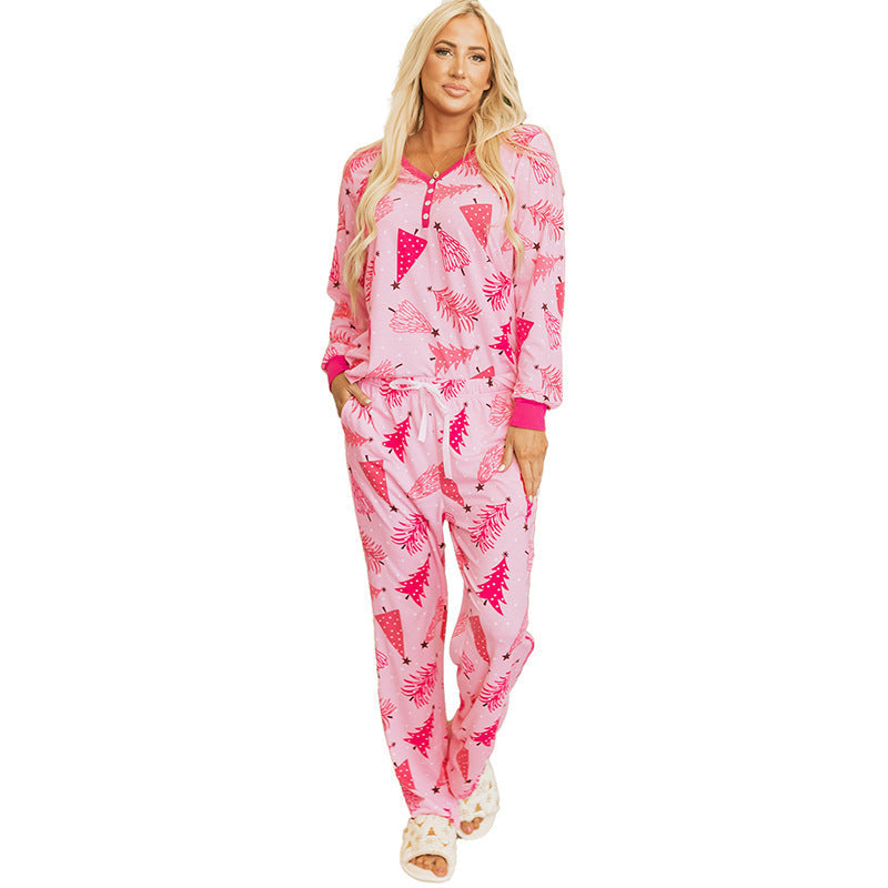 Women's Printed Polyester Two Piece Pajama Set Relaxed Fit