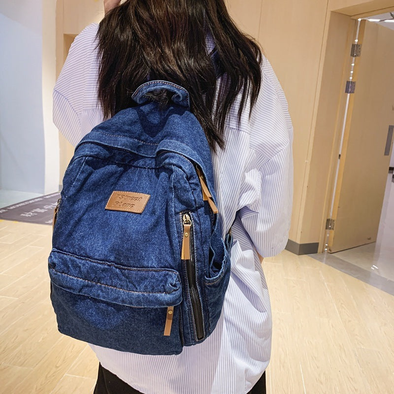 Unisex Denim Backpack Solid Travel Bag With Large Capacity