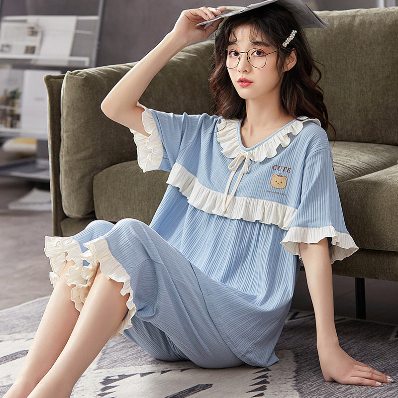 Women's Casual Cotton Short Sleeve Cropped Pants Loungewear Set