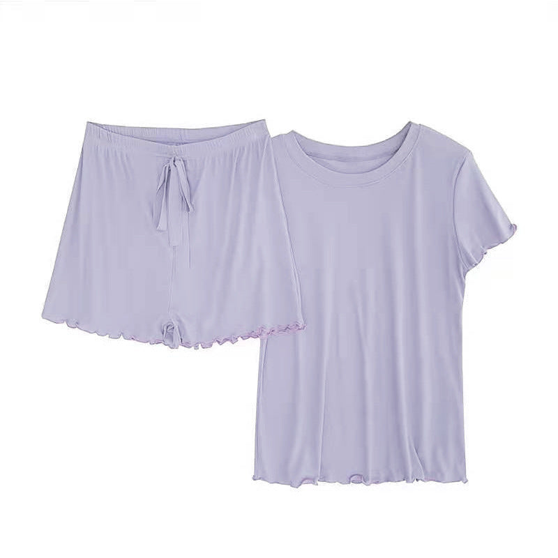 Women's Fashion Casual Stringy Selvedge Short Sleeve Shorts Two-piece Set