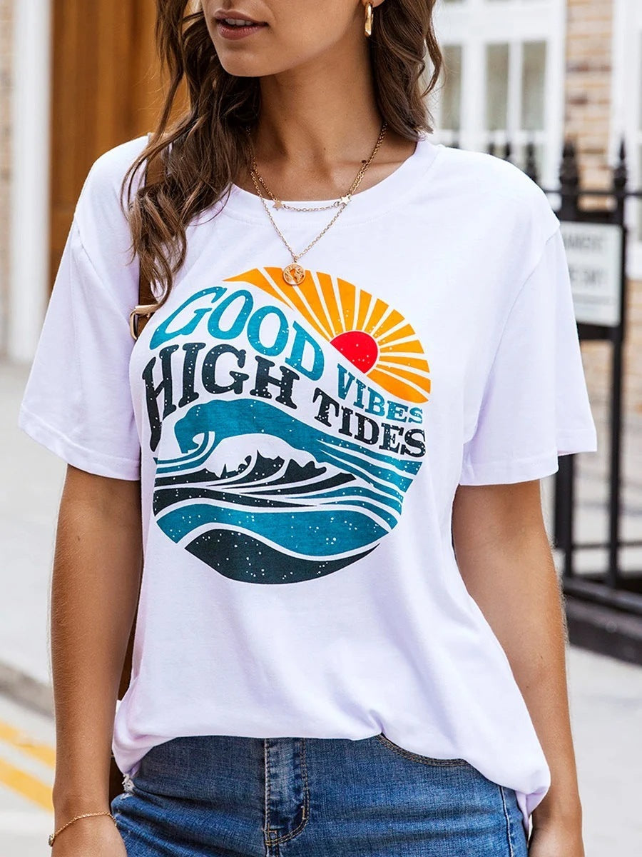 Summer New Printed Round Neck Short-sleeved T-shirt Women