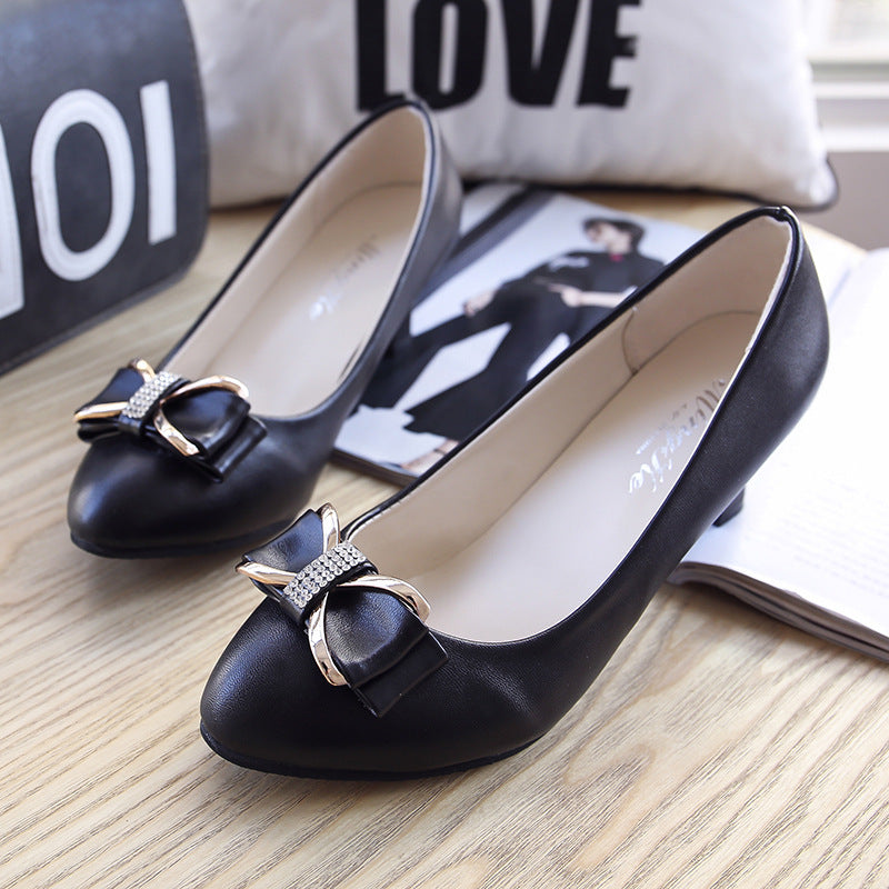 Women's High Heels Professional Black And Round Working Leather Shoes