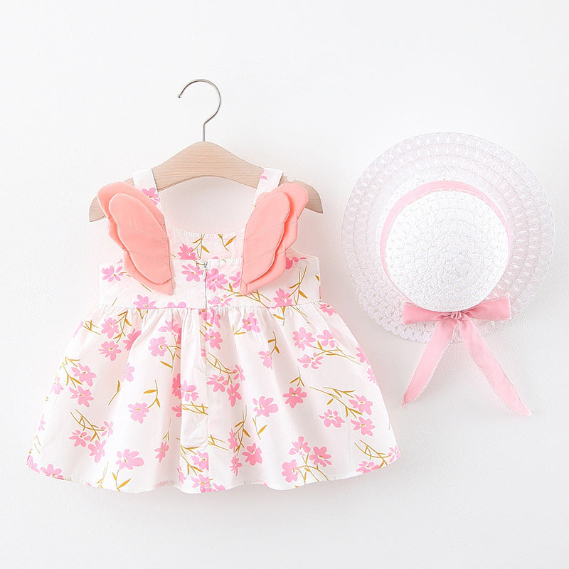 Summer New Girl's Big Dot Wings Princess Dress Hat Beach Dress