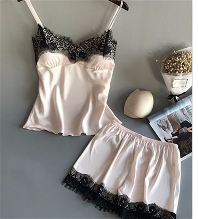 Women's Sling Ice Ribbon Chest Pad Silk Loungewear Two-Piece Set