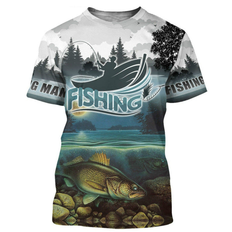 Male Creative Fishing Pattern Printed Short Sleeve