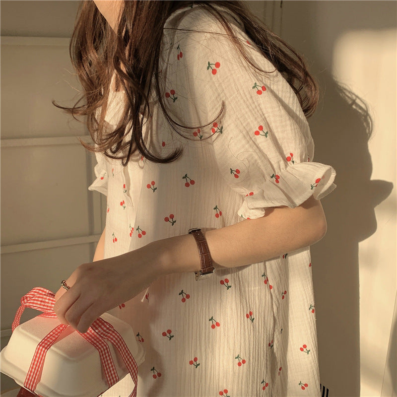 Cute Little Cherry Casual Loungewear Dress Doll Collar Nightdress