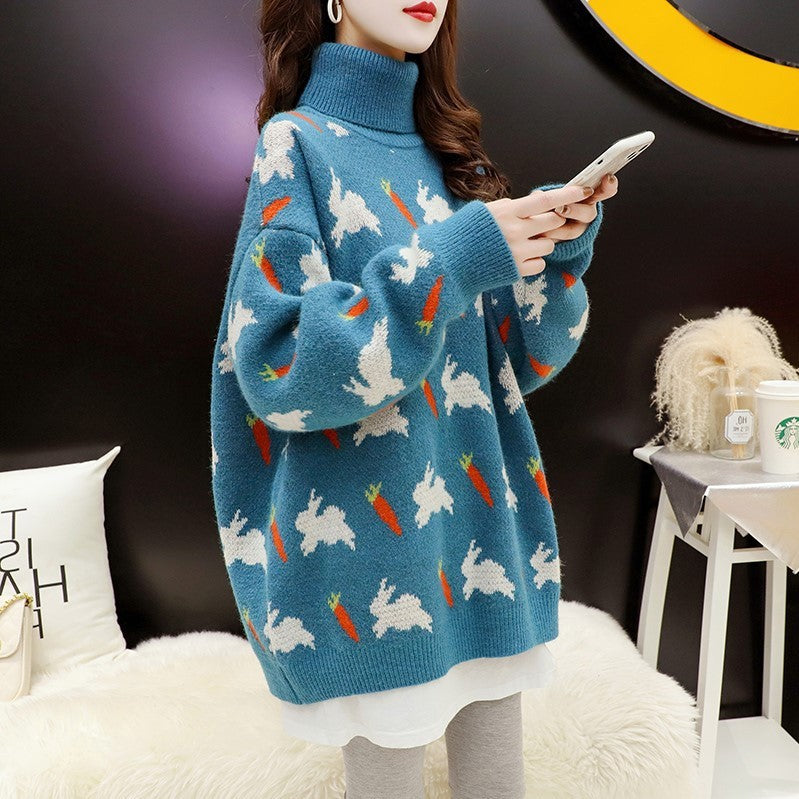 Cartoon Rabbit Turtleneck Pullover Sweater Women