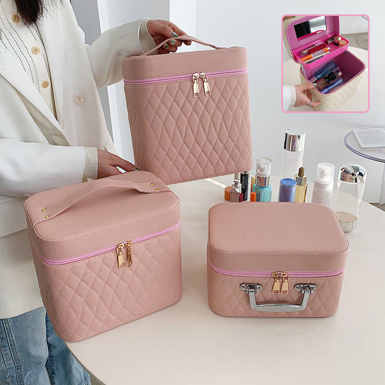 Cosmetic Bag with Mirror – Rhombus Embroidery Double-Layer Storage Caseesign Fashion Rhombus-Embroidery Double-layer Suitcase Large Capacity Make-up Storage Bags For Women