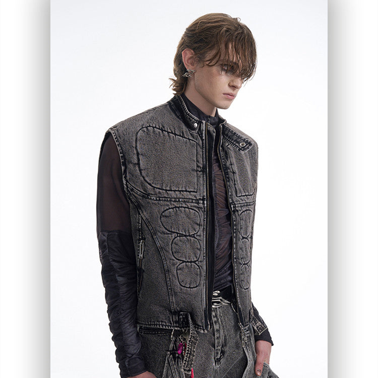 Dorsal Spine Wings Embroidery Short Denim Vest Coat
