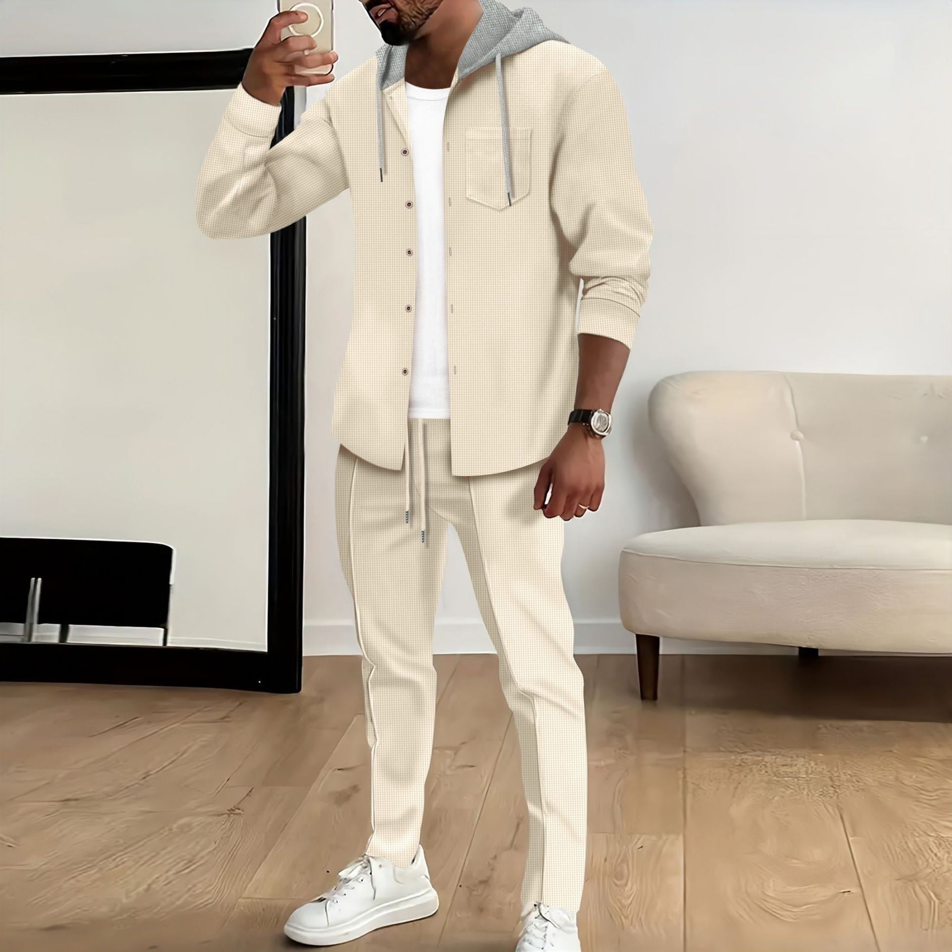 Men's Casual Hooded Color Block Long Sleeve Cardigan Jacket Trousers Suit