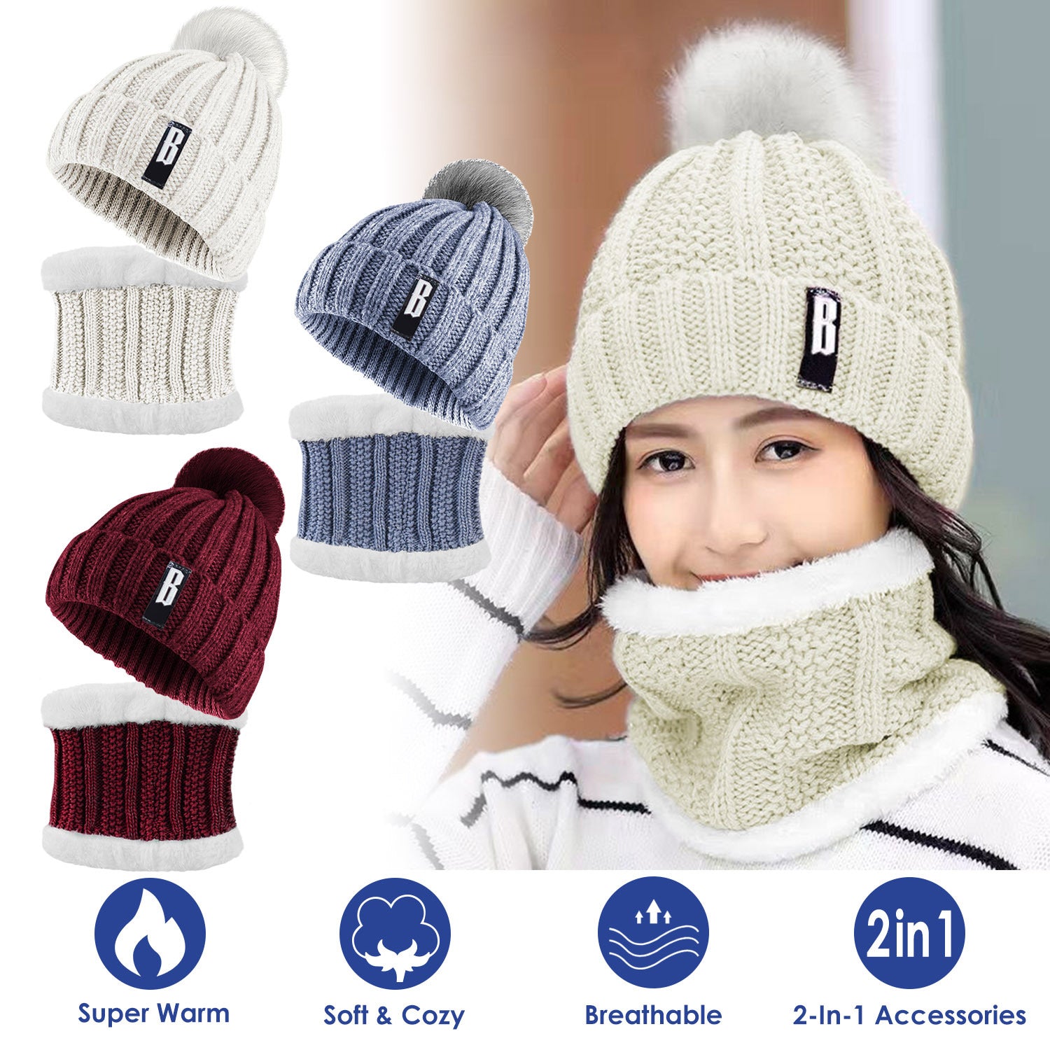Women's Winter Knit Beanie and Scarf Set