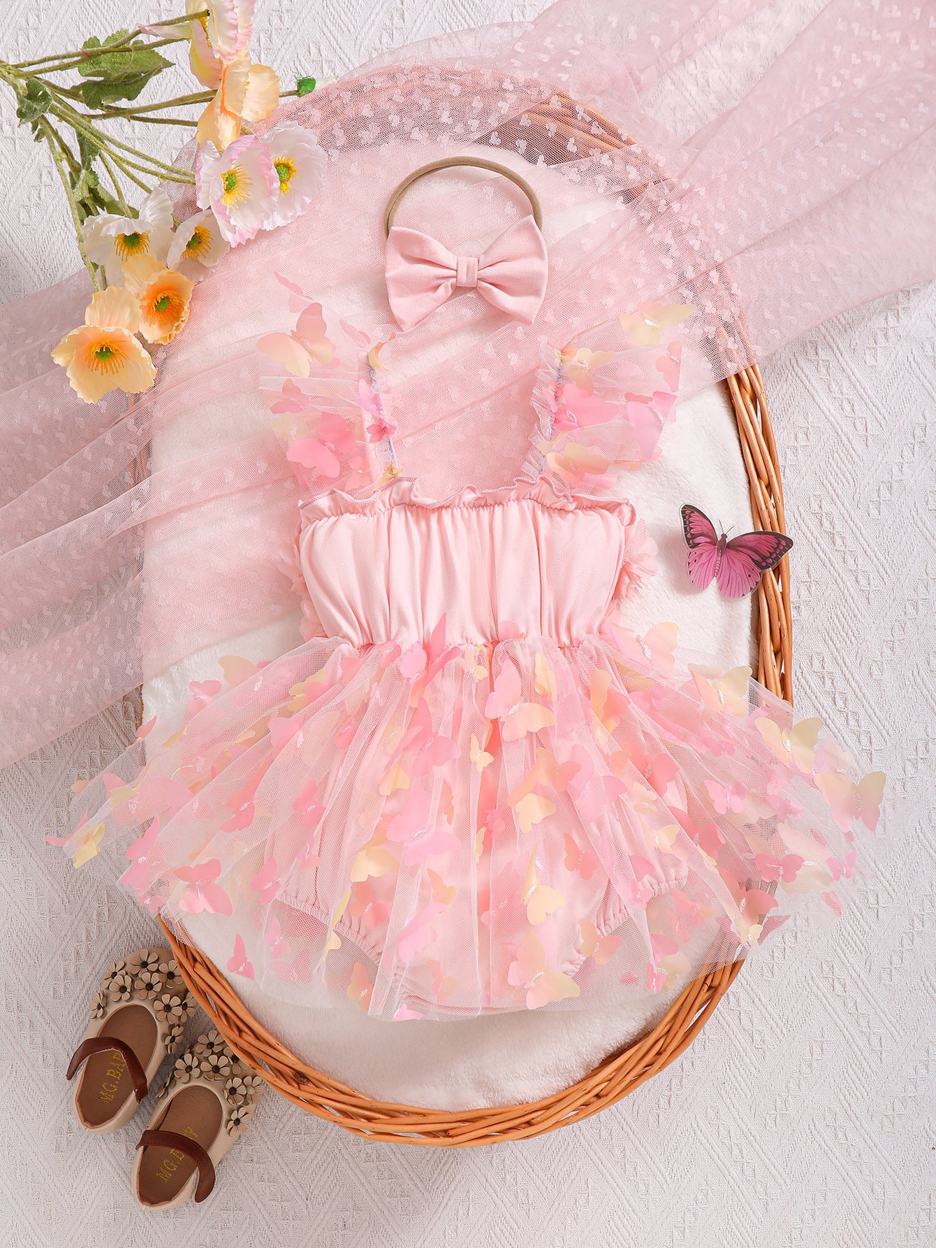 Girls' Party Dress-up Sling Butterfly Petal Mesh Dress