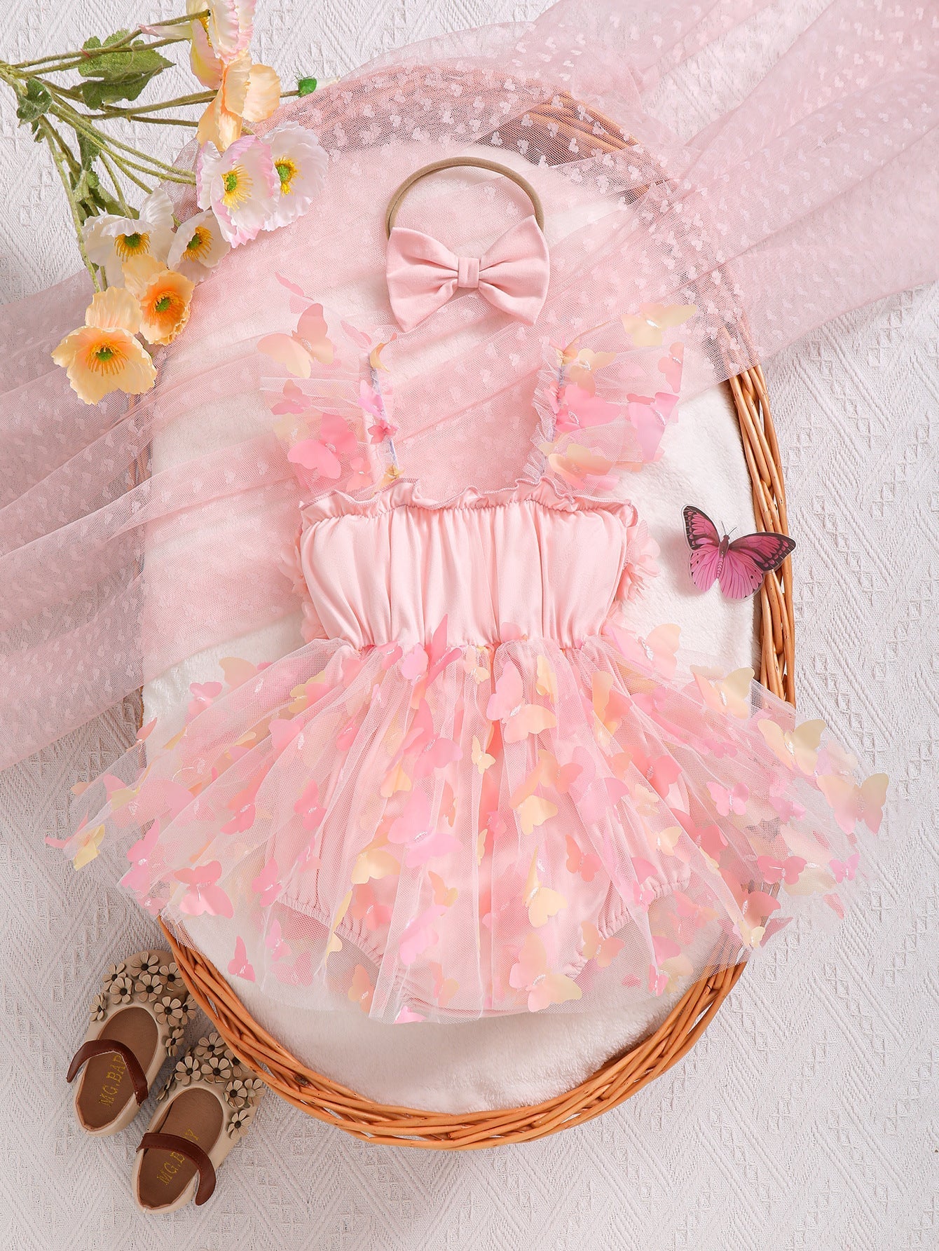 Girls Sleeveless Mesh Polyester Petal Butterfly Party Dress