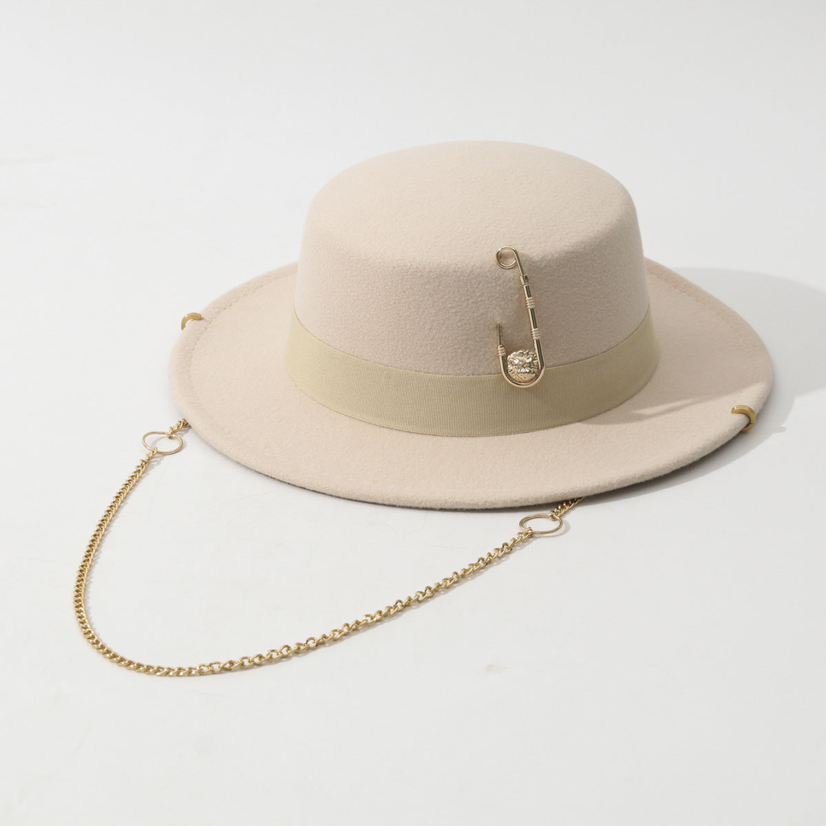 Handmade Woolen Flat Top Women’s Felt Cap with Pin Chain Decoration
