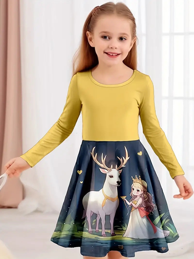 Girl's Long-sleeved Dress Christmas Deer