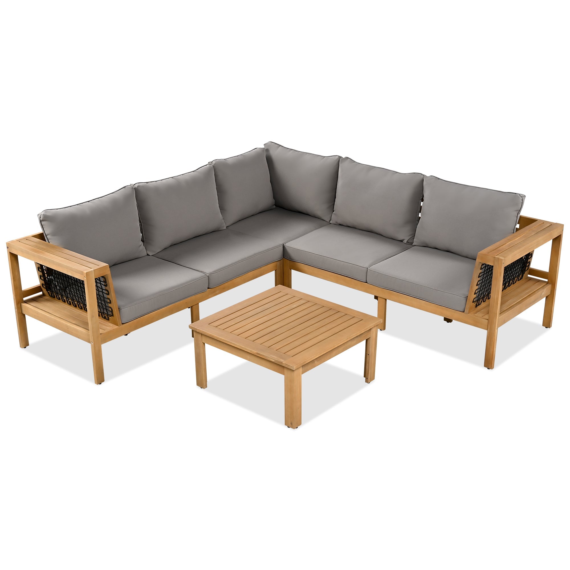 4 Pieces Outdoor Acacia Wood Sofa Set, Woven Mesh Armrests, L-Shaped