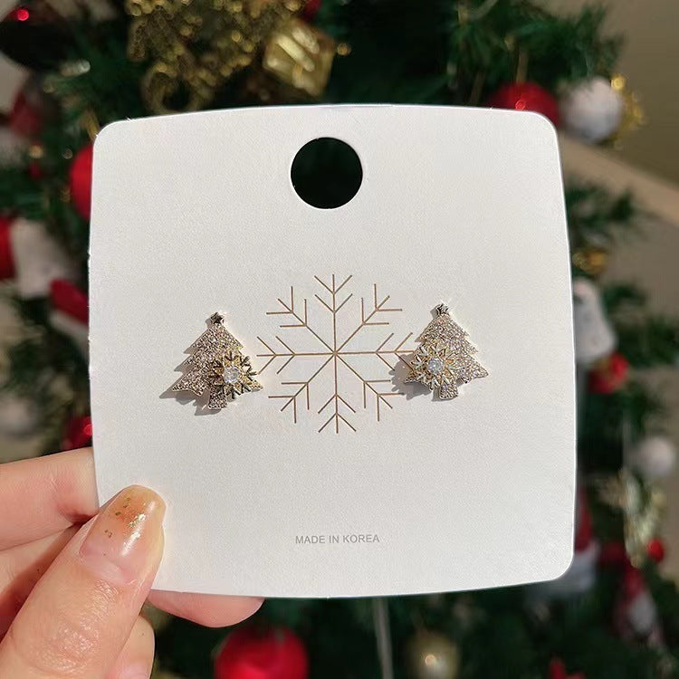 Rotatable Christmas Tree Earrings with Rhinestone Snowflake Studs Holiday Festival Jewelry Gifts for Women