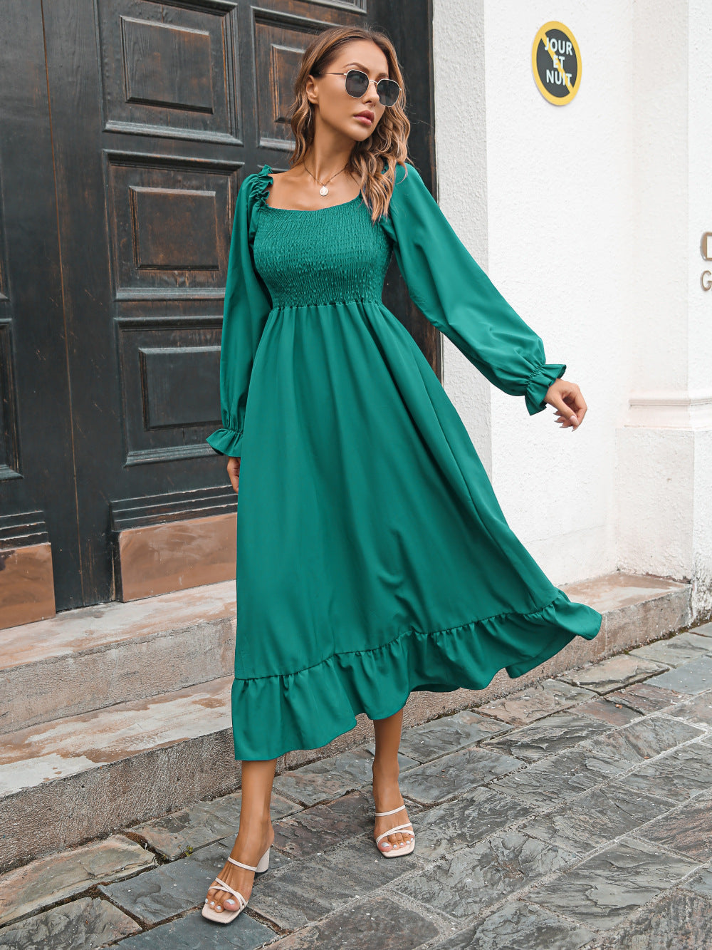 Flared Sleeve Casual Ruffled Square Collar Elastic Waist Large Swing Spring Dress