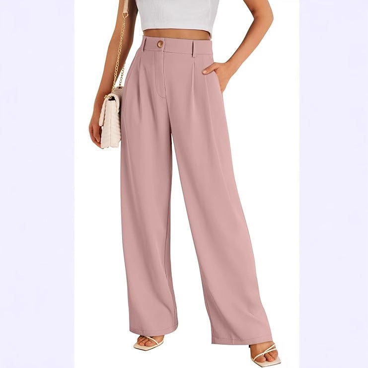 Women’s High-Waist Straight-Leg Pants with Zipper Detail – Elegant Polyester Trousers